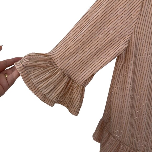 W5 Womens Ruffle Sleeve Rose Gold Metallic Striped Top Blouse SZ M Stretch - Picture 7 of 10